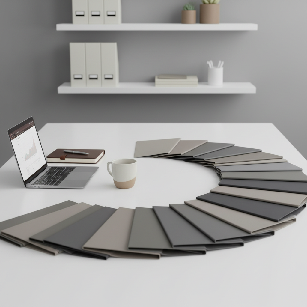 A group of contemporary, matte-finish folders in understated grays and taupes fan out methodically on a broad, white meeting table. Nearby, a strategically placed, slim silver laptop and a closed leather-bound planner add corporate texture, while a porcelain mug in soft beige sits beside them. The surrounding environment includes muted walls and minimalist shelves lined with neutrally colored office supplies. Diffused overhead lighting maintains soft, shadowless clarity across the scene. Captured in eye-level composition with sharp front-to-back focus, this photographic image radiates an atmosphere of poised professionalism, supportiveness, and methodical teamwork—visualizing HR services for manager accompaniment and staff collaboration.