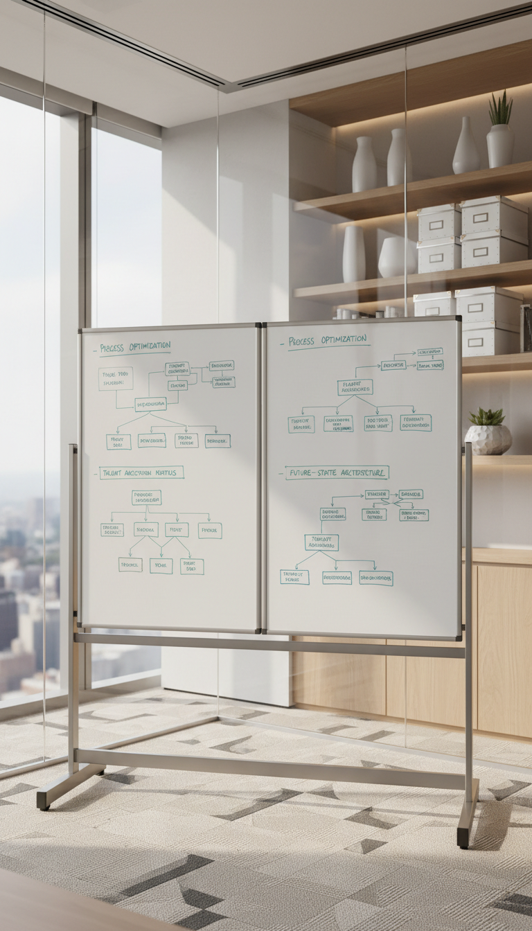 A sleek, double-sided whiteboard on a brushed steel stand displays a series of meticulously drawn flowcharts and strategic planning diagrams in muted markers. The board is positioned in a bright, glass-walled conference room with neutral-hued walls, quietly patterned carpet, and organized shelves holding minimalist office décor. Soft midday natural light spills across the space, highlighting the crisp lines of the diagrams and creating subtle gradients on the whiteboard’s glossy surface. Photographed from a slightly low, off-center angle that emphasizes depth, the image conveys clarity and forward-thinking energy in a structured, clean style ideal for a site about organizational development and HR consulting.